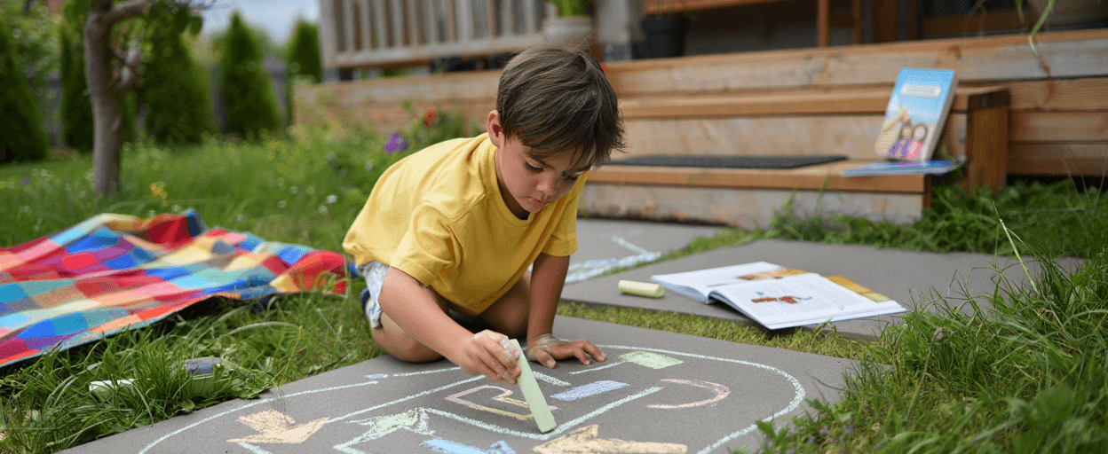 Child drawing colorful chalk art on a gray path outdoors.