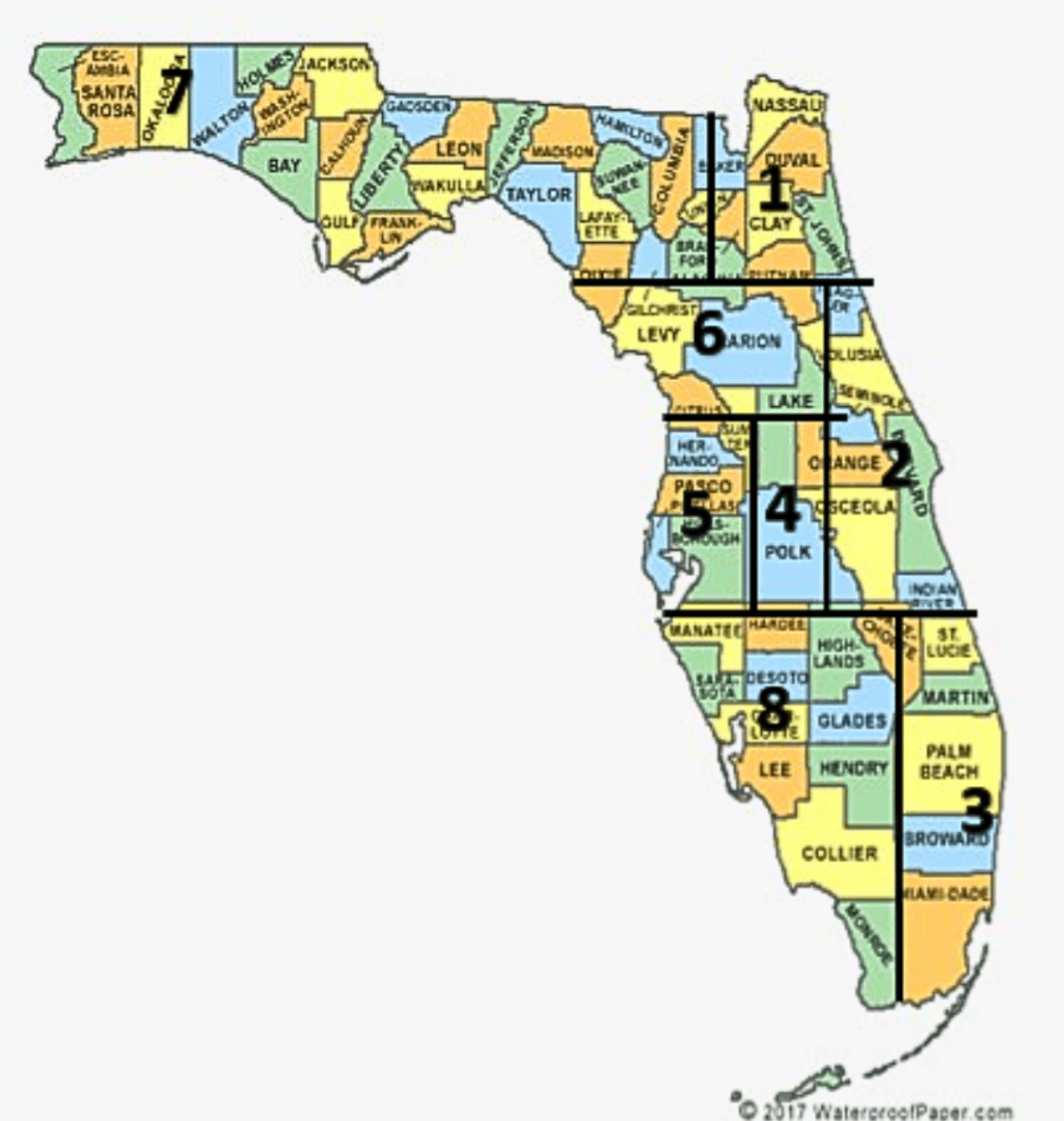 map of florida divided into 7 testing regions
