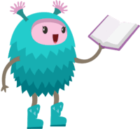 happy blue creature holding a book